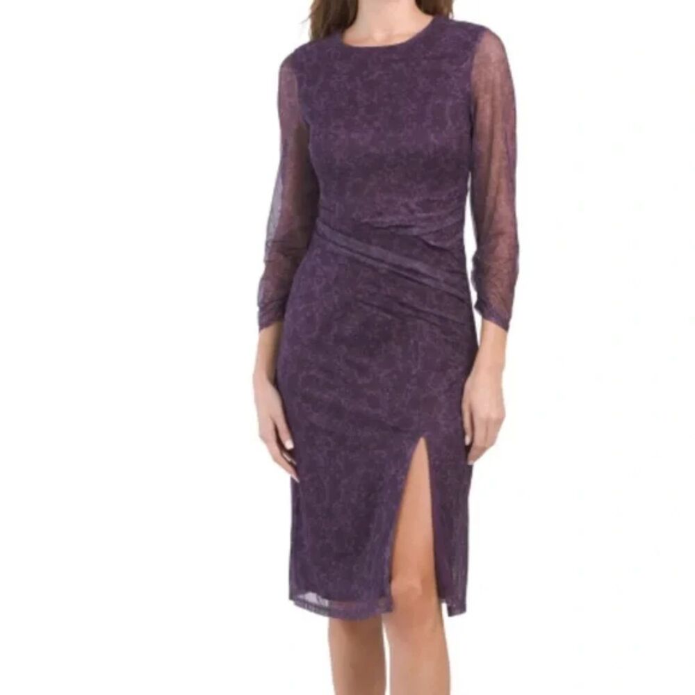 Laundry by Shelli Segal Sheath Dress 12 Purple Floral Slit Sheer Brunch Event‎